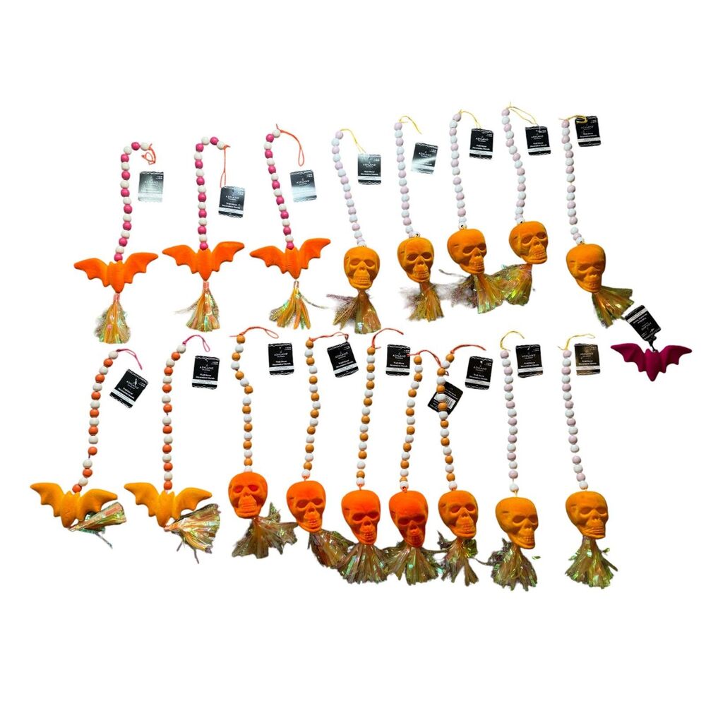 Ashland Halloween Decor Hanging Beads LOT of 17 Skulls Bats Flocked Orange NEW